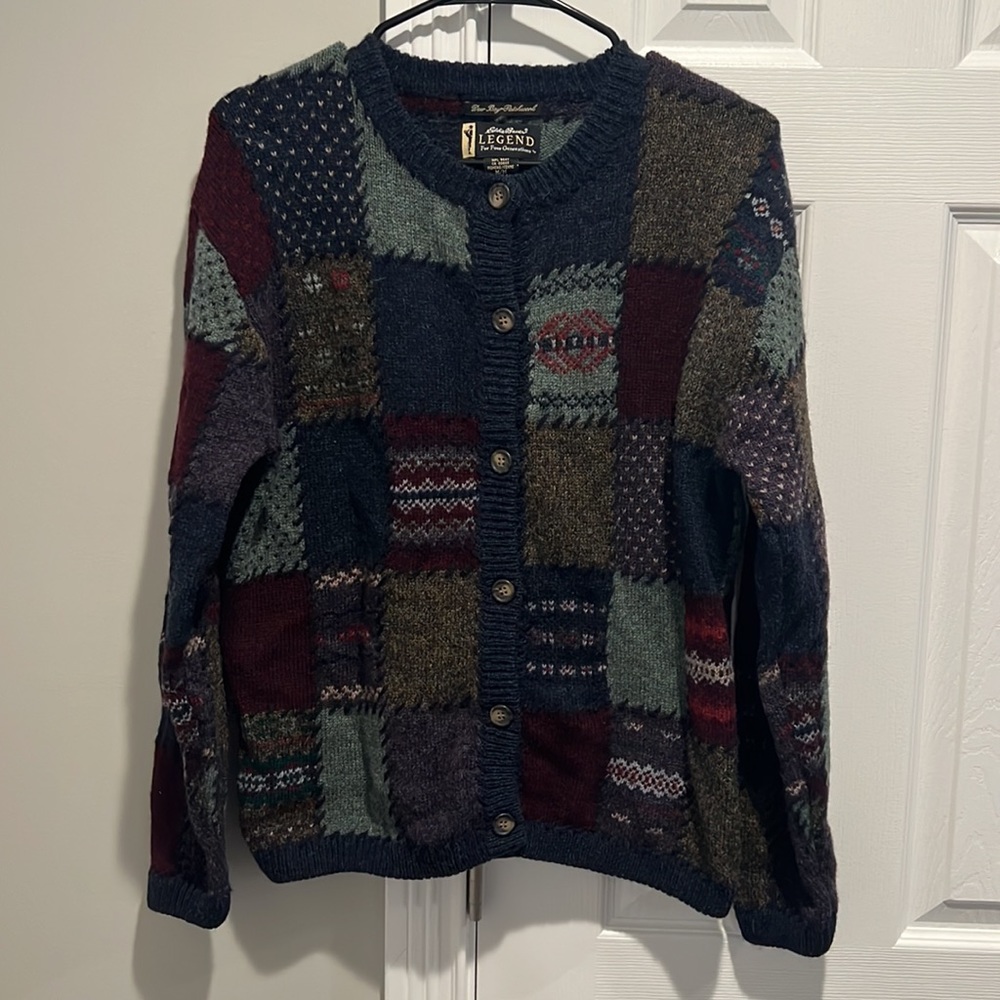 VINTAGE Eddie Bauer LEGEND Cottage Core Deer Bay Patchwork Wool Cardigan